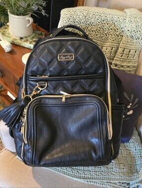 Itzy Ritzy Black Quilted Diaper Bag Backpack Faux Leather Tassel Baby Bag